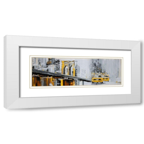 YELLOW BROOKLYN BRIDGE WITH TAXIS White Modern Wood Framed Art Print with Double Matting by Atelier B Art Studio