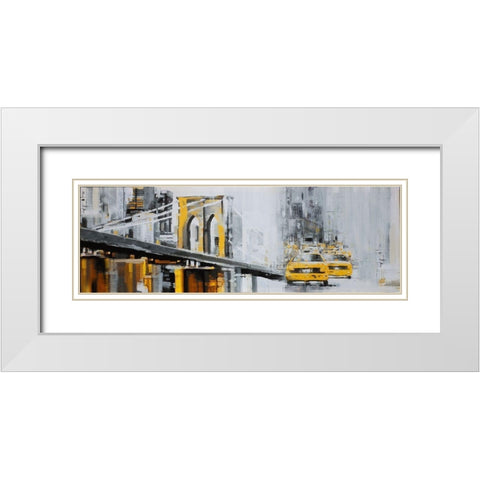 YELLOW BROOKLYN BRIDGE WITH TAXIS White Modern Wood Framed Art Print with Double Matting by Atelier B Art Studio