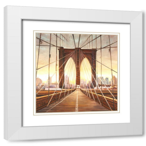 Sunset on the Brooklyn Bridge White Modern Wood Framed Art Print with Double Matting by Atelier B Art Studio