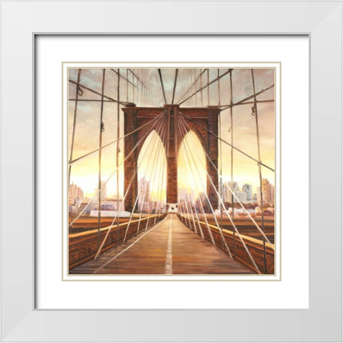 Sunset on the Brooklyn Bridge White Modern Wood Framed Art Print with Double Matting by Atelier B Art Studio
