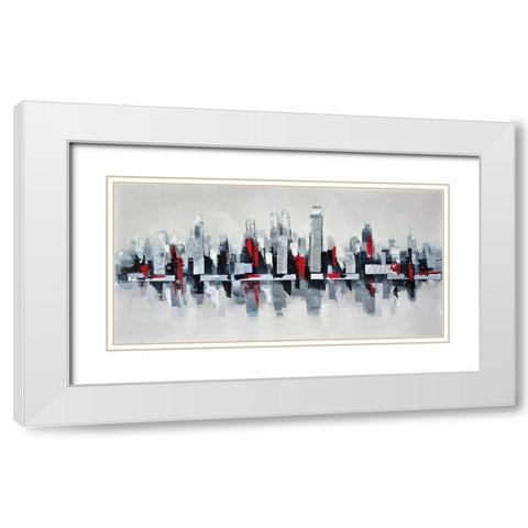GRAY AND RED FLOATING CITYSCAPE White Modern Wood Framed Art Print with Double Matting by Atelier B Art Studio