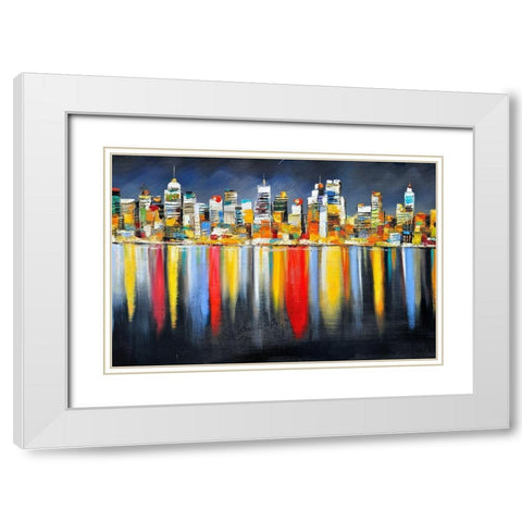 COLORFUL REFLECTION OF A CITYSCAPE BY NIGHT White Modern Wood Framed Art Print with Double Matting by Atelier B Art Studio