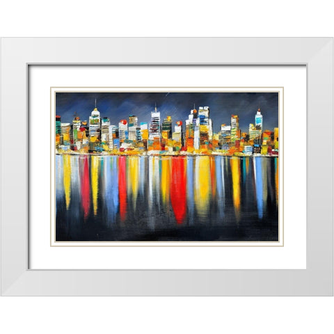 COLORFUL REFLECTION OF A CITYSCAPE BY NIGHT White Modern Wood Framed Art Print with Double Matting by Atelier B Art Studio
