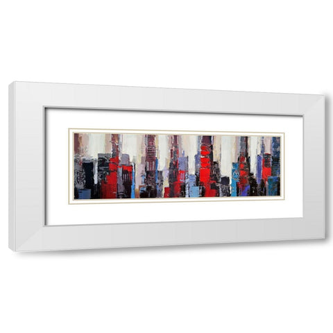 ABSTRACT RED AND BLUE BUILDINGS White Modern Wood Framed Art Print with Double Matting by Atelier B Art Studio