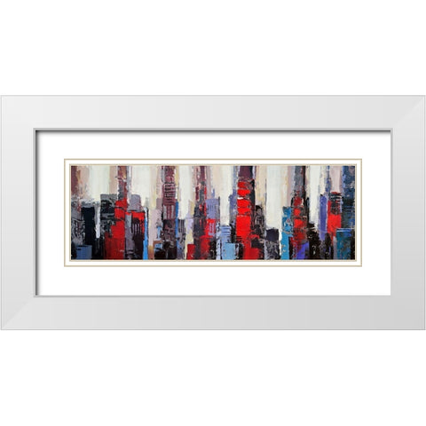 ABSTRACT RED AND BLUE BUILDINGS White Modern Wood Framed Art Print with Double Matting by Atelier B Art Studio