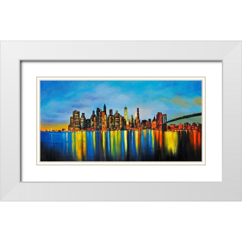 CITY BY NIGHT WITH A BRIDGE White Modern Wood Framed Art Print with Double Matting by Atelier B Art Studio