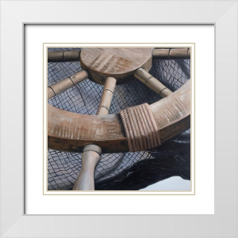 HELM ON A FISHING NET CLOSEUP White Modern Wood Framed Art Print with Double Matting by Atelier B Art Studio