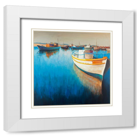 Fishing Boat at the Marina White Modern Wood Framed Art Print with Double Matting by Atelier B Art Studio