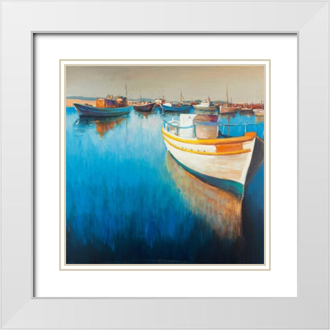 Fishing Boat at the Marina White Modern Wood Framed Art Print with Double Matting by Atelier B Art Studio