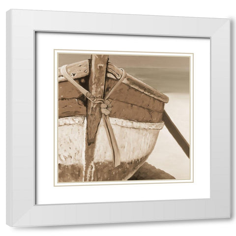 Tied up rowing boat White Modern Wood Framed Art Print with Double Matting by Atelier B Art Studio