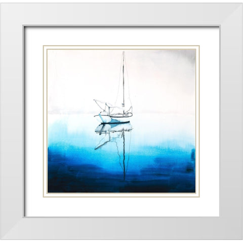 WHITE BOAT ON A DEEP BLUE WATER White Modern Wood Framed Art Print with Double Matting by Atelier B Art Studio