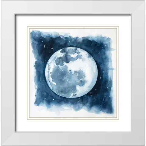 Watercolor Blue Moon White Modern Wood Framed Art Print with Double Matting by Atelier B Art Studio