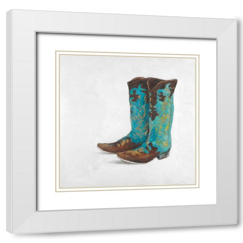 Blue Cowboy Boots White Modern Wood Framed Art Print with Double Matting by Atelier B Art Studio