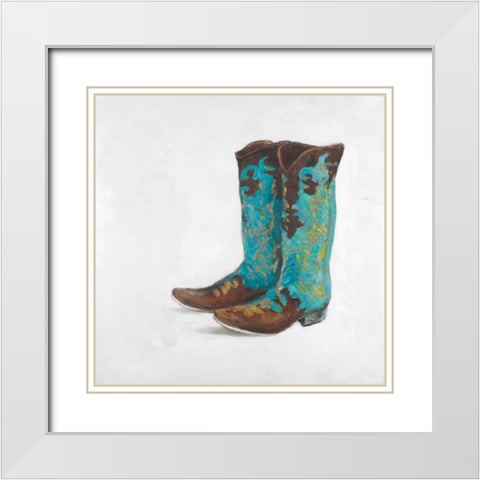Blue Cowboy Boots White Modern Wood Framed Art Print with Double Matting by Atelier B Art Studio