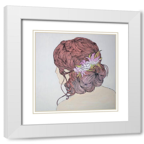 WOMAN FROM BEHIND WITH FLOWERS White Modern Wood Framed Art Print with Double Matting by Atelier B Art Studio