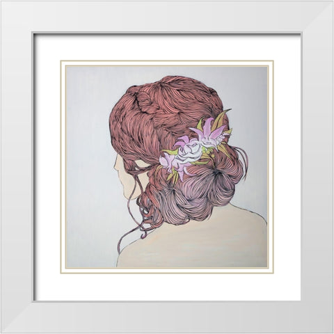 WOMAN FROM BEHIND WITH FLOWERS White Modern Wood Framed Art Print with Double Matting by Atelier B Art Studio