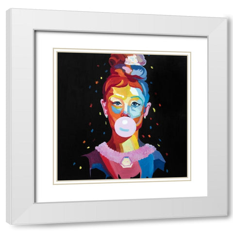 COLORFUL WOMAN PORTRAIT WITH BUBBLEGUM White Modern Wood Framed Art Print with Double Matting by Atelier B Art Studio