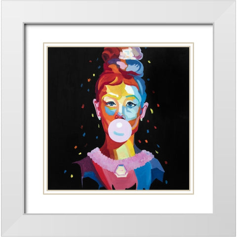 COLORFUL WOMAN PORTRAIT WITH BUBBLEGUM White Modern Wood Framed Art Print with Double Matting by Atelier B Art Studio