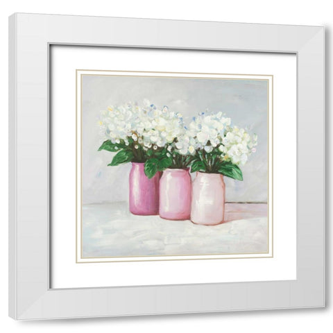 Hydrangea Flowers in Pink Vases White Modern Wood Framed Art Print with Double Matting by Atelier B Art Studio