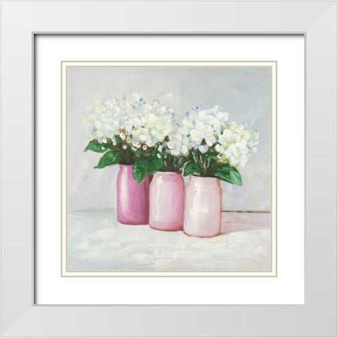 Hydrangea Flowers in Pink Vases White Modern Wood Framed Art Print with Double Matting by Atelier B Art Studio
