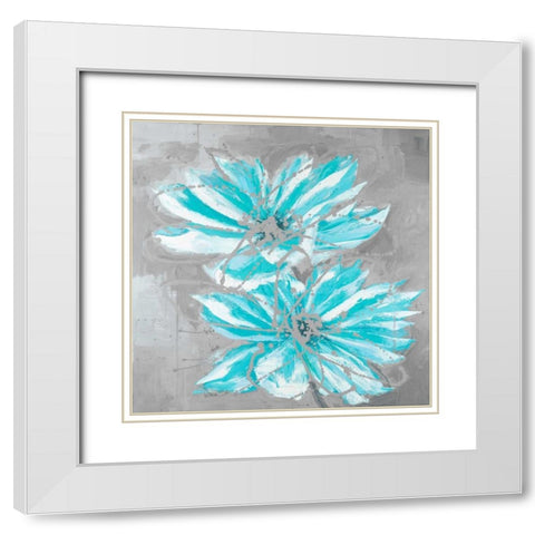 Two Little Abstract Blue Flowers White Modern Wood Framed Art Print with Double Matting by Atelier B Art Studio