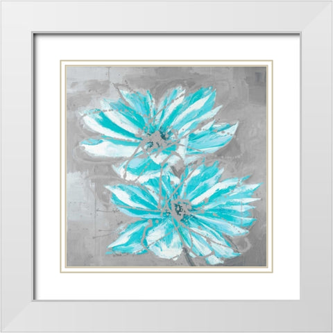Two Little Abstract Blue Flowers White Modern Wood Framed Art Print with Double Matting by Atelier B Art Studio