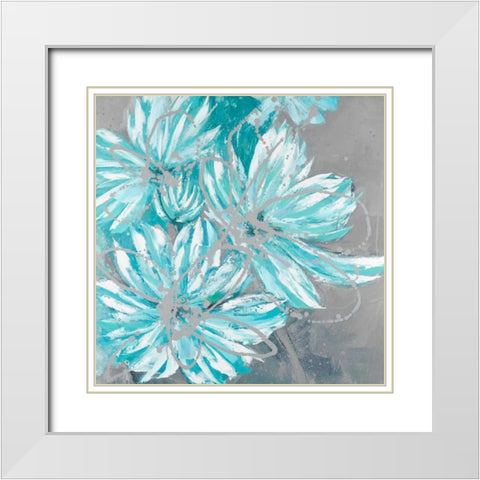 Three Little Abstract Blue Flowers White Modern Wood Framed Art Print with Double Matting by Atelier B Art Studio