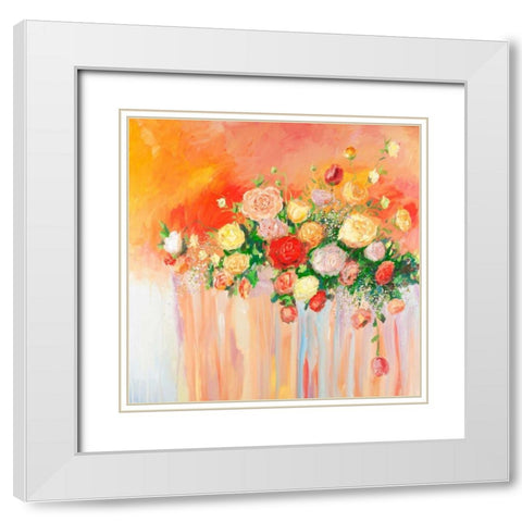 Bouquet of Abstract Flowers Multicolor White Modern Wood Framed Art Print with Double Matting by Atelier B Art Studio