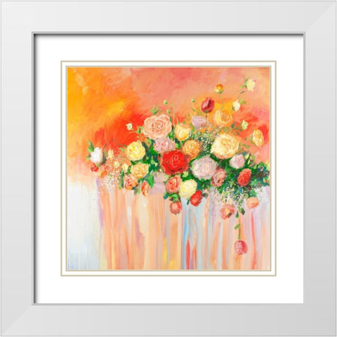 Bouquet of Abstract Flowers Multicolor White Modern Wood Framed Art Print with Double Matting by Atelier B Art Studio