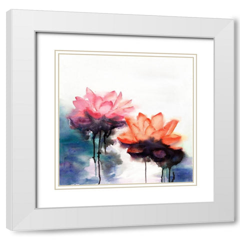 WATERCOLOR LOTUS FLOWERS White Modern Wood Framed Art Print with Double Matting by Atelier B Art Studio