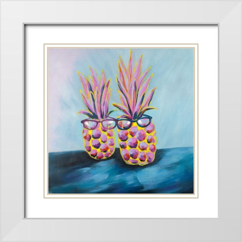 FUNNY PINEAPPLES WITH SUNGLASSES White Modern Wood Framed Art Print with Double Matting by Atelier B Art Studio
