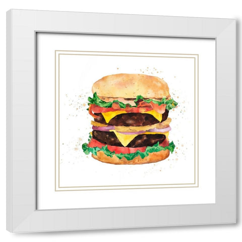 Watercolor All Dressed Double Cheeseburger White Modern Wood Framed Art Print with Double Matting by Atelier B Art Studio