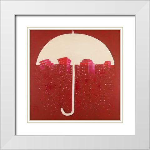 RED CITY UNDER UMBRELLA White Modern Wood Framed Art Print with Double Matting by Atelier B Art Studio