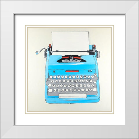 Blue Typewritter Machine White Modern Wood Framed Art Print with Double Matting by Atelier B Art Studio