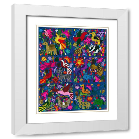 Amazing multicoloured mexican tapestry on blue background White Modern Wood Framed Art Print with Double Matting by anonymous