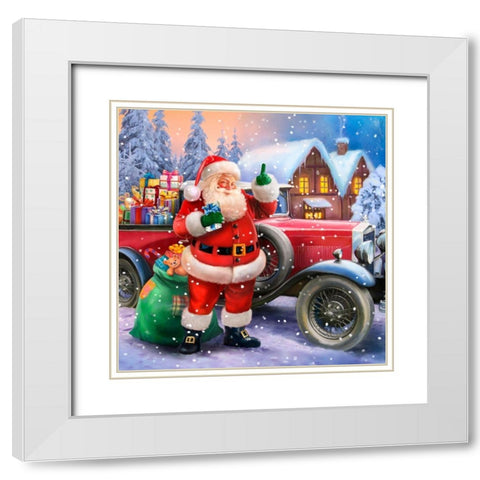 Santa With Classic Car White Modern Wood Framed Art Print with Double Matting by Hoenderkamp, Patrick