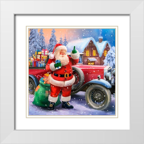 Santa With Classic Car White Modern Wood Framed Art Print with Double Matting by Hoenderkamp, Patrick