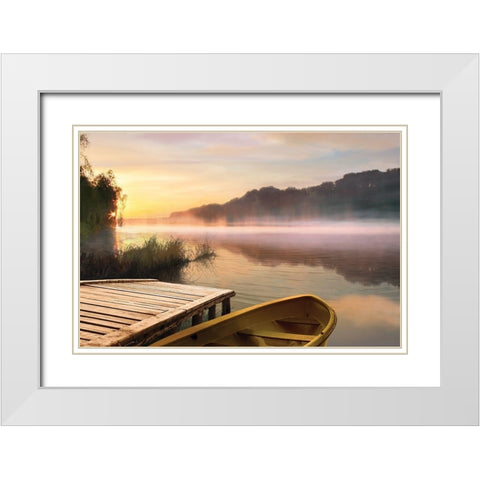 Foggy Boat and Lake White Modern Wood Framed Art Print with Double Matting by Anonymous