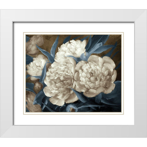 Peonies painting in blue-brown  White Modern Wood Framed Art Print with Double Matting by Anonymous