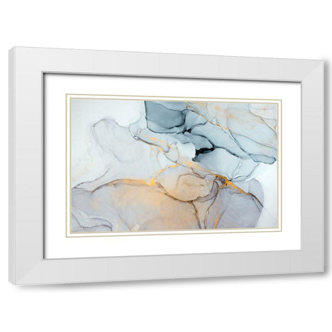 Blue, Grey, Gold Abstract White Modern Wood Framed Art Print with Double Matting by Dein, Mari