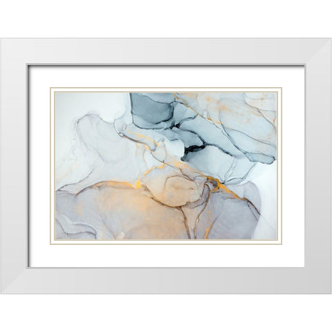 Blue, Grey, Gold Abstract White Modern Wood Framed Art Print with Double Matting by Dein, Mari