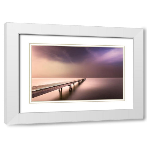 Long Pier in Early Morning White Modern Wood Framed Art Print with Double Matting by Anon.