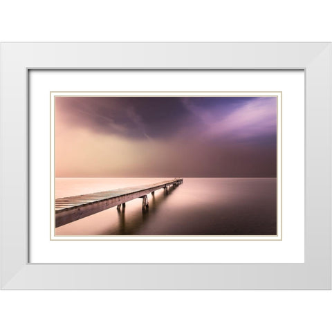 Long Pier in Early Morning White Modern Wood Framed Art Print with Double Matting by Anon.