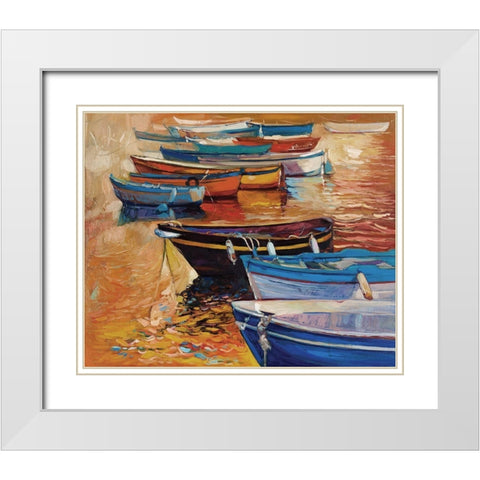 Rowboats Moored on Ocean White Modern Wood Framed Art Print with Double Matting by Dimitrov, Boyan