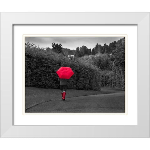 Red Boots and Umbrella White Modern Wood Framed Art Print with Double Matting by Anonymous