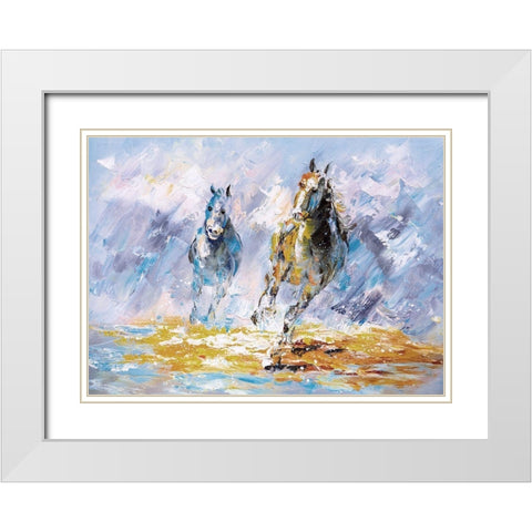 Horses Running Oil Painting White Modern Wood Framed Art Print with Double Matting by Chen, Y.C.