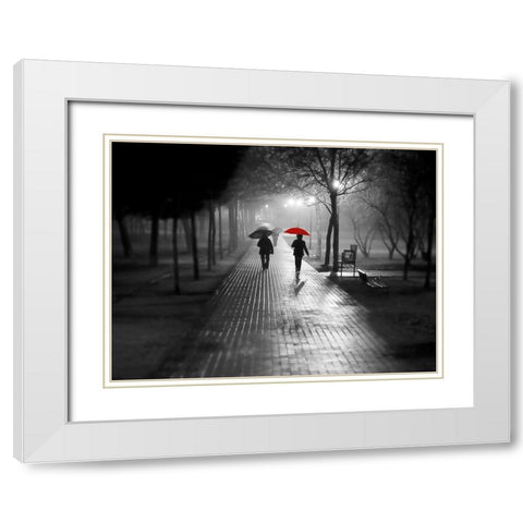 Umbrella Walk White Modern Wood Framed Art Print with Double Matting by Anonymous