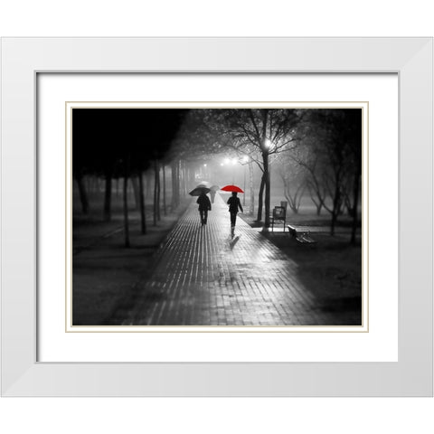 Umbrella Walk White Modern Wood Framed Art Print with Double Matting by Anonymous