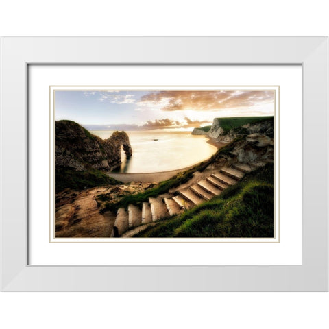 Sunset at Durdle Door with pathway. Dorset, Jurassic Coast, England White Modern Wood Framed Art Print with Double Matting by Frates, Dennis