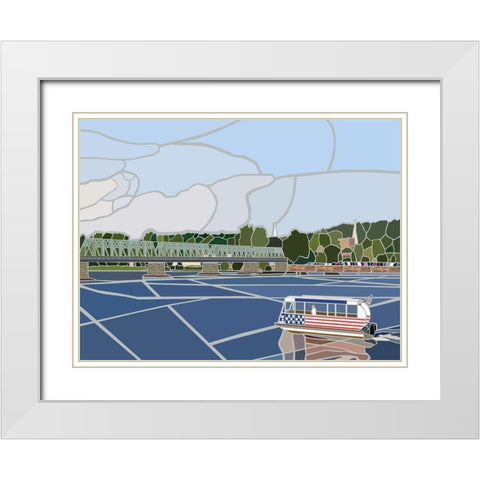 Lambertsville Bridge w BoatÂ  White Modern Wood Framed Art Print with Double Matting by Mandell, Jonathan